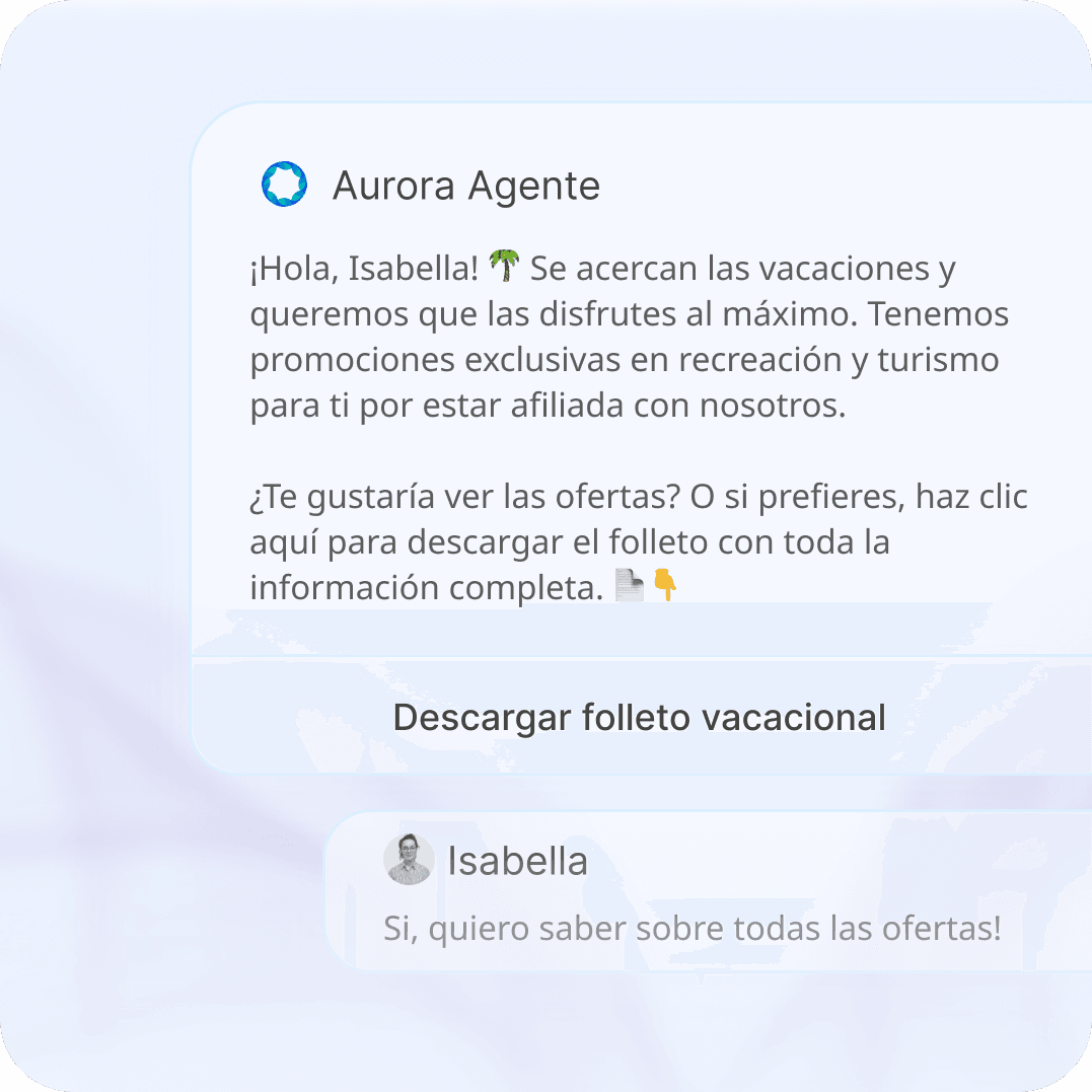 Un agente de Aurora envía una promoción de vacaciones con un folleto descargable y la clienta responde interesada