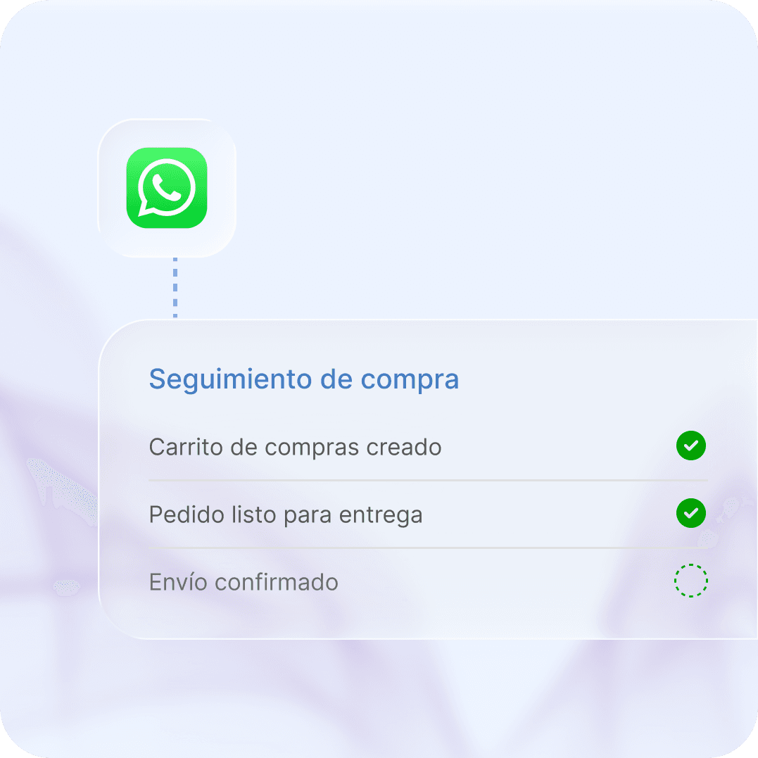 Seguimiento de una compra por WhatsApp con el carrito creado, el pedido listo y el envío por confirmar