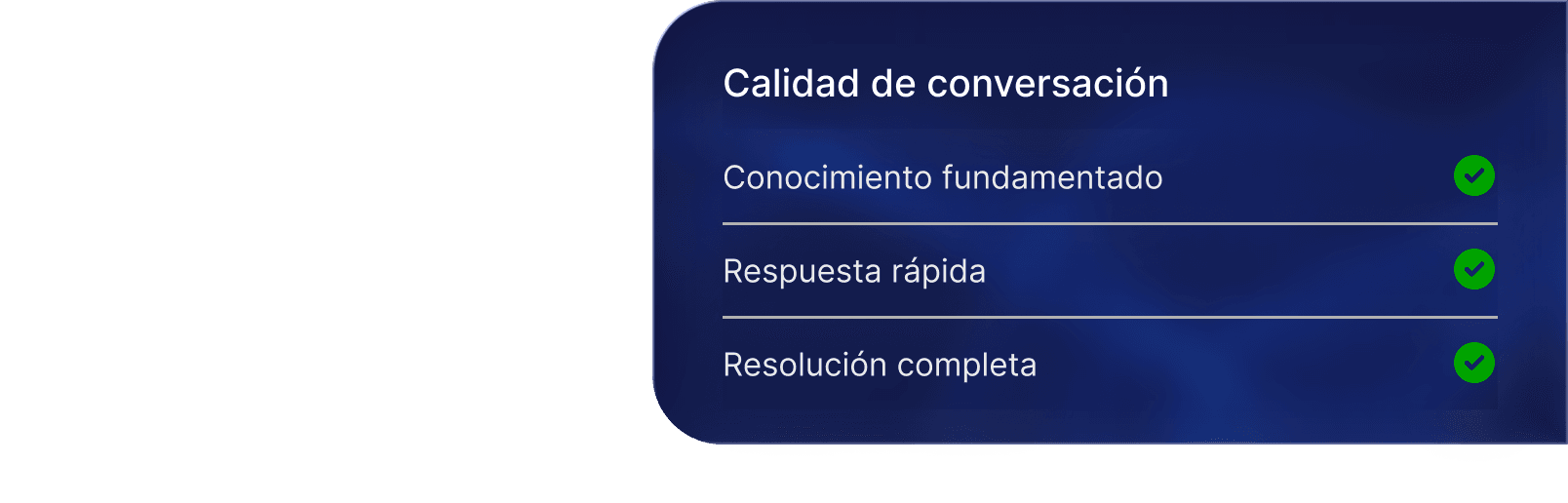 Panel de calidad de conversación con conocimiento fundamentado, respuesta rápida y resolución completa verificados